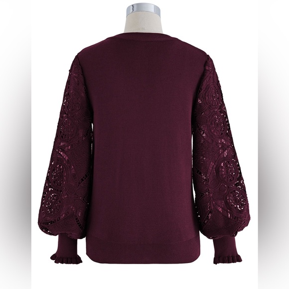 FLORAL CROCHET SLEEVE KNIT TOP IN BURGUNDY - Picture 2 of 6